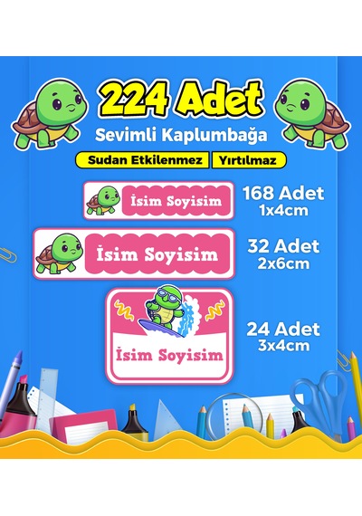 Sevimli Kaplumbağa Temalı Okul Kreş Kişiye Özel İsim Etiket Seti - Model 195 Çok Renkli