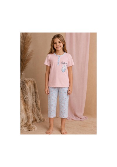 Pijamask Kız Çocuk Baskılı Pamuklu Kısa Kollu Yazlık Pijama Takımı Mavi
