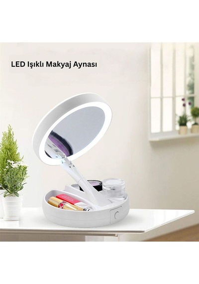 10x Büyütmeli Led Işıklı Katlanabilir Çift Taraflı Makyaj Aynası Usb& Pil İle Çalışır Beyaz