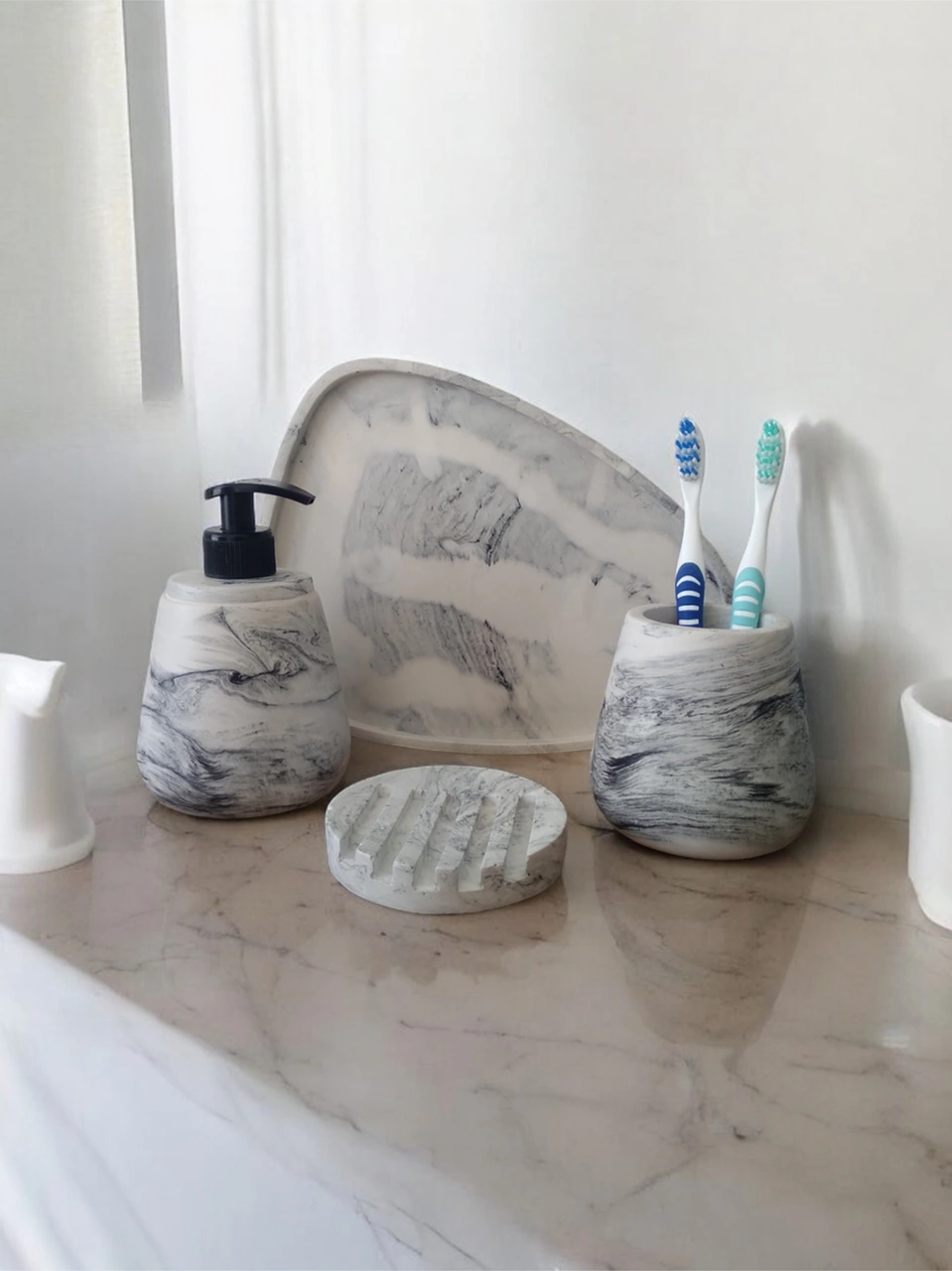 4'lü Mermer Desen Banyo Seti Tuvalet Gri
