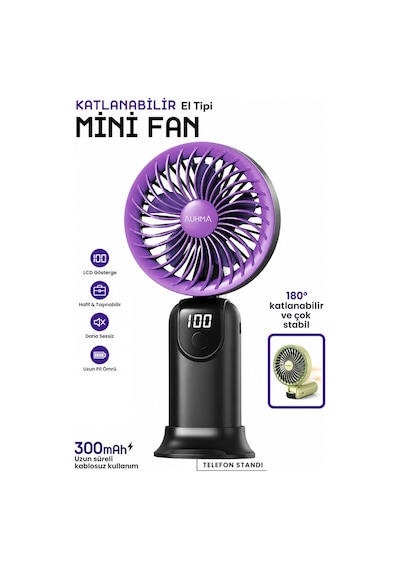 Exenar - Siyah - Şarjlı El Fanı 5 Kademeli Telefon Standlı Mini Vantilatör 300mah 180 Katlanabilir El Tipi Fan