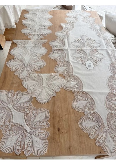 Salon Takımı Çeyizlik Krem Runner Set 5 Parça Keten Ranır Masa Konsol Sehpa Örtüsü Lavinya Diğer