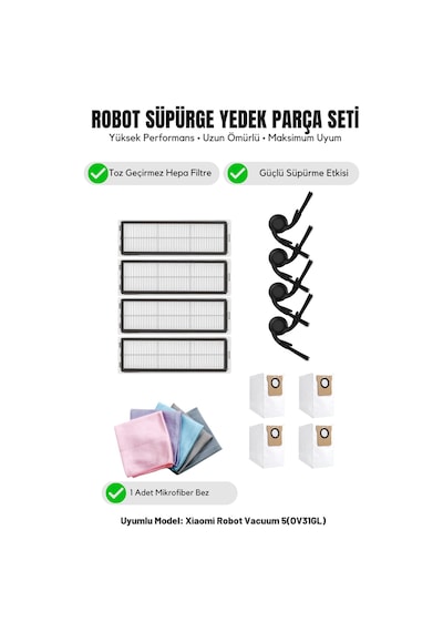 Robot Vacuum 5 Ov31gl İle Uyumlu 4 Yan Fırça 4 Filtre 2 Toz Torbası 1 Temizlik Bezi 14.0