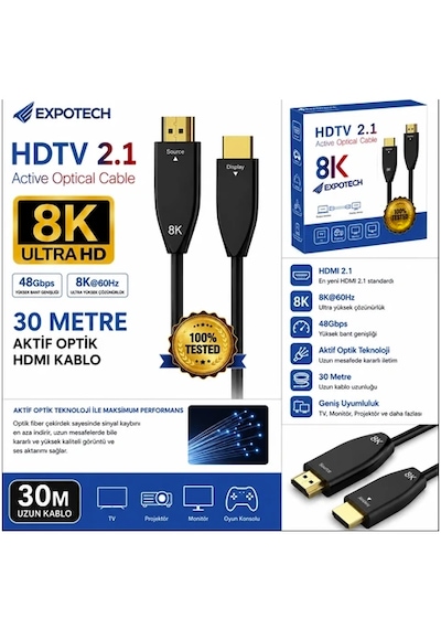 Expotech 8k Fiber Hdtv 2.1 Aktif Optik Hdmı Kablo 30 Metre 8k 60hz 48gbps Ultra Hd Ex-hd8k30