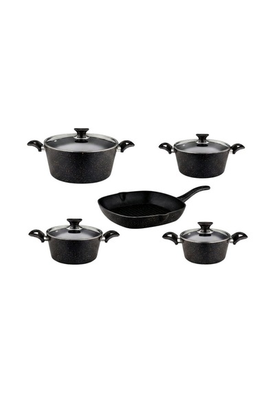 9 Parça Granit Set Cam Kapak - Siyah Siyah