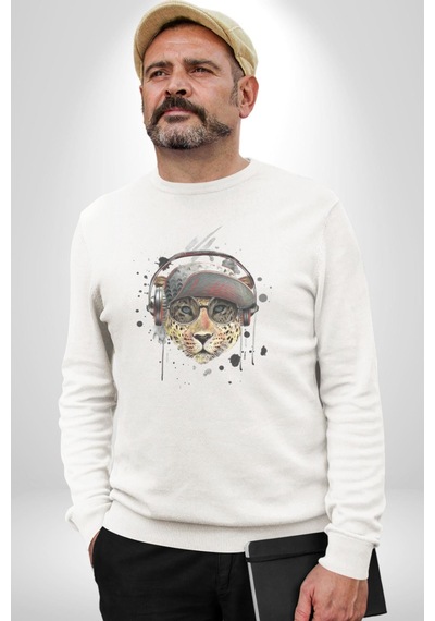 Pop Art Kaplan Müzik Kulaklık Güneş Gözlüğü Unisex Beyaz Baskılı Sweatshirt Beyaz