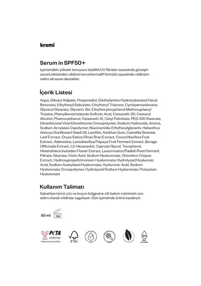 Serum In Sun Protectıon Spf50+ Yüz Güneş 50 Ml Aydınlatıcı, Cilt Tonu Eşitleyici, Leke Karşıtı 8d Hyaluronik Asit, Niasinamid