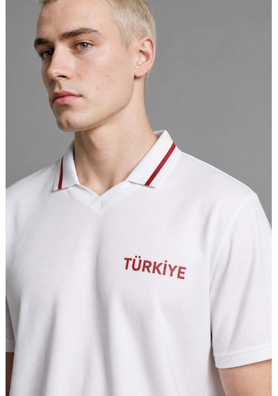 Defacto Boxy Fıt Türkiye Nakışlı Kısa Kollu Polo Beyaz Tişört I2025ax26smwt34 Beyaz-wt34