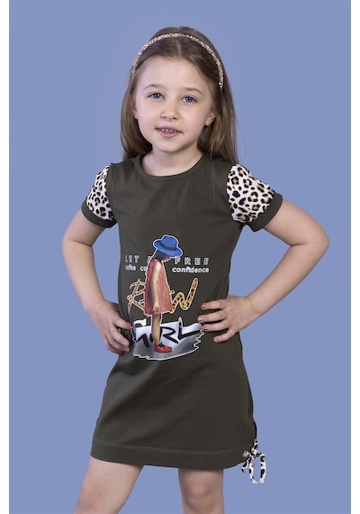 Toontoy Kız Çocuk Leopar Detaylı Baskılı Elbise Haki