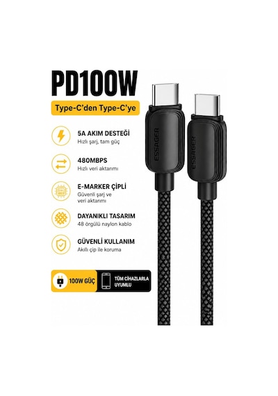 Essager 100w Pd Usb-c Type-c To Type-c 5a E-marker Çipli Hızlı Şarj Ve 480mbps Data Aktarım Örgülü Kablo Siyah-2 Metre