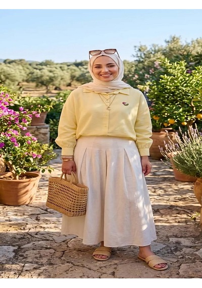 Mirve Butik Nakış Detaylı Uzun Gömlek Sarı