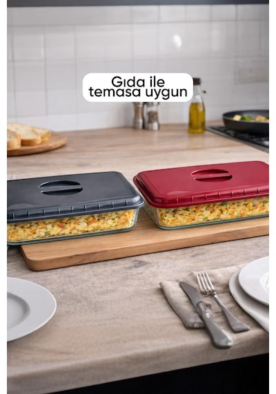 2'li Kırmızı&Gri Renk Dikdörtgen Borcam Kapağı Sızdırmaz Ve Dayanıklı Plastik Malzemeli Gıda Kapağı