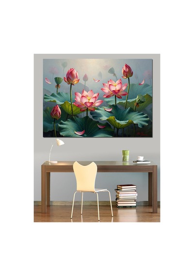 Suyun Üzerinde Açmış Pembe Nilüferler Yağlı Boya Dokulu Kanvas Tablo Canvas Tablosu