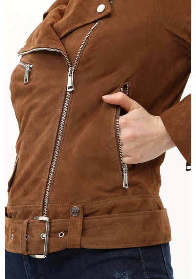 Leatinn Biker Taba Kadın Deri Mont