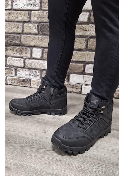 Bukond Outdoor Trekking Suya Dayanıklı Içi Kürklü Bağcıklı Fermuarlı Kaymaz Taban Kışlık Bot Battal Boy Siyah