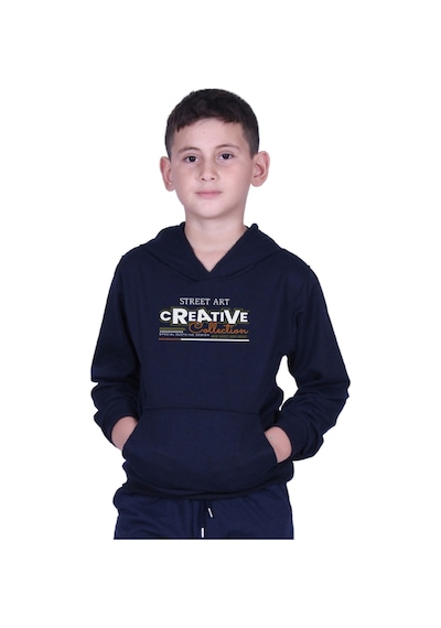 Fyk Kids Erkek Çocuk Baskılı Kanguru Cepli Kapüşonlu 2li Eşofman Takımı Lacivert - Gri