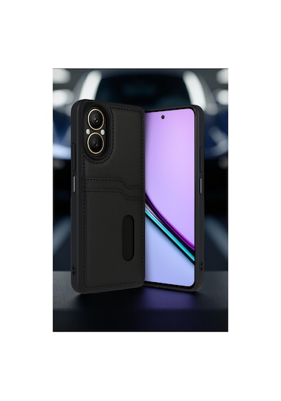 Realme 12 Lite Uyumlu Deri Kartvizitli Kartlıklı Premium Telefon Kılıfı Kapak Siyah