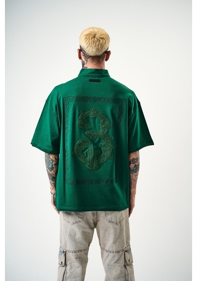 Respire Erkek 3 Nakışlı Yarım Fermuarlı Oversize T-shirt Nefti