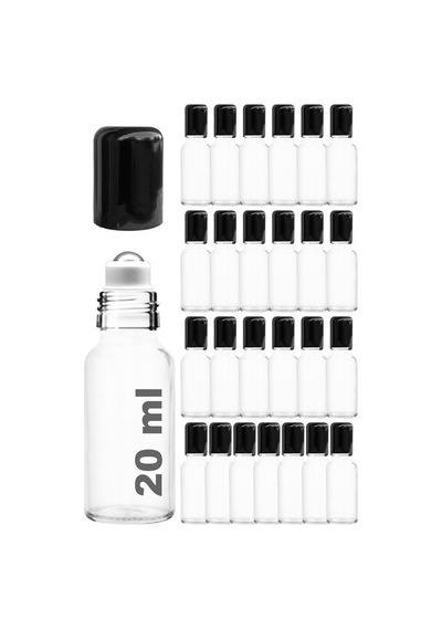 Çelik Roll On Şişesi 20 ML Sızdırmaz Siyah Kapaklı Şeffaf Cam Şişe 25 Adet