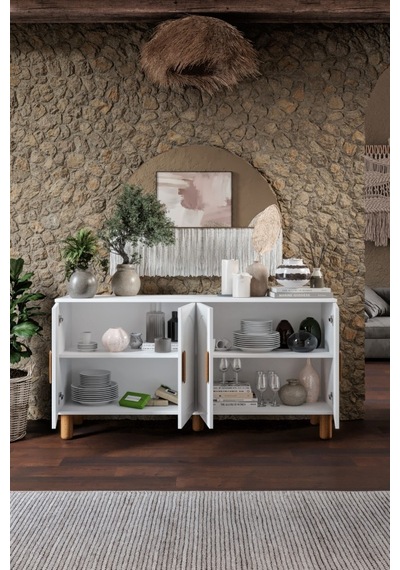 Elysia Bohem Konsol 4 Kapaklı Mdf Mebran Kapak 160 Cm Modern Salon Konsolu Beyaz