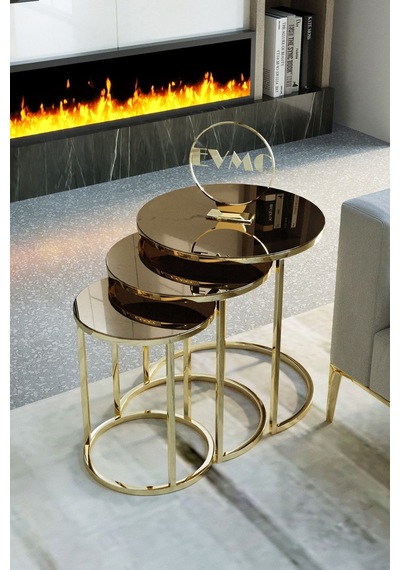 Deepport Liv Aks 3'lü Gold Zigon Sehpa Bronz Aynalı Altın
