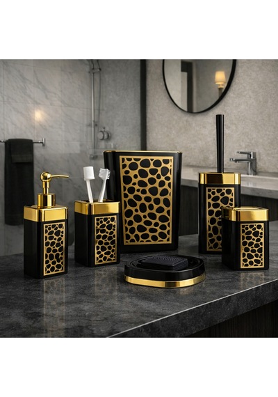Arvale Pleksi Gold Detaylı 5 Li Banyo Aksesuar Seti Siyah