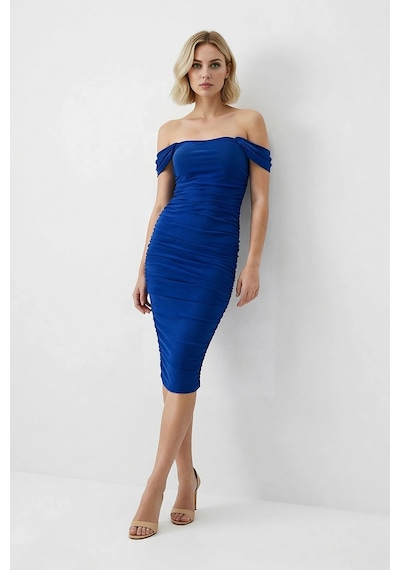 Benerly Kadın Carmen Yaka Düşük Kollu Bodycon Örme Midi Elbise Astarsız S Saks