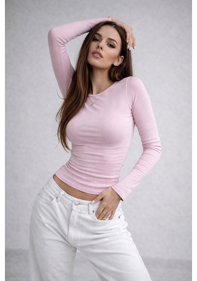 Wild Bee Kadın Toz Pembe Bisiklet Yaka Uzun Kollu Basic Bluz