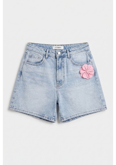 it's basic Kadın Mavi 4s6-3 Mom Relax Gül Ve Nakış Detaylı Özel Tasarım Denim Şort