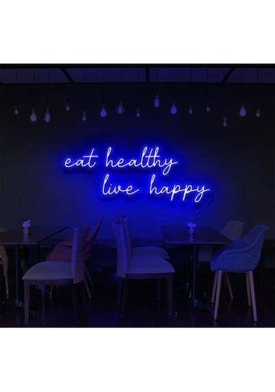 Eat Healthy Live Happy Yazılı Neon Tabela Mavi