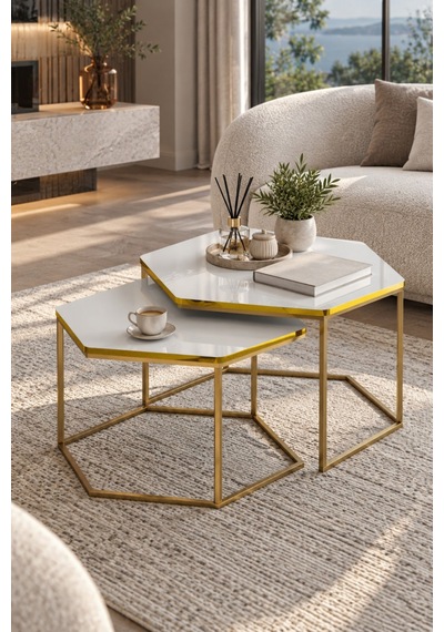 Sulorahome Altıgen İkili Orta Sehpa Seti Beyaz Ve Sarı Gold Altın - Beyaz