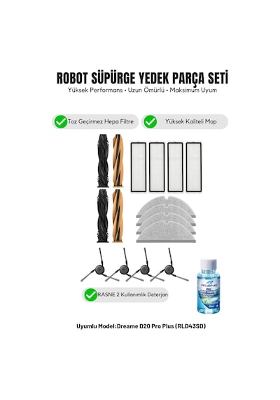 Dreame D20 Pro Plus Rld43sd İle Uyumlu 2 Ana Fırça 4 Yan Fırça 4 Filtre 4 Mop 1 Deterjan 4.0