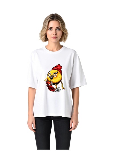 Paybuy Kadın Oversize Tişört Kısa Kol Yuvarlak Yaka Cartoon Patates Skat Beyaz