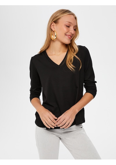 Faik Sönmez Kadın Oversize V Yaka Uzun Kol Minimalist T-shirt Siyah