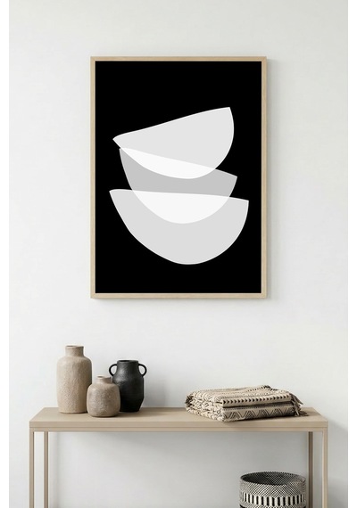 Doğal Ahşap Çerçeveli Minimal Geometrik Desenli Tablo - Beyaz Huhu1086