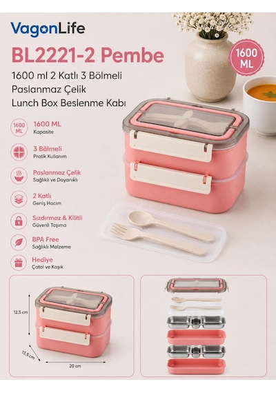 Vagonlife Bl2221-2 Pembe 1600 Ml 2 Katlı 3 Bölmeli Paslanmaz Çelik Lunch Box Beslenme Kabı Çok Renkli