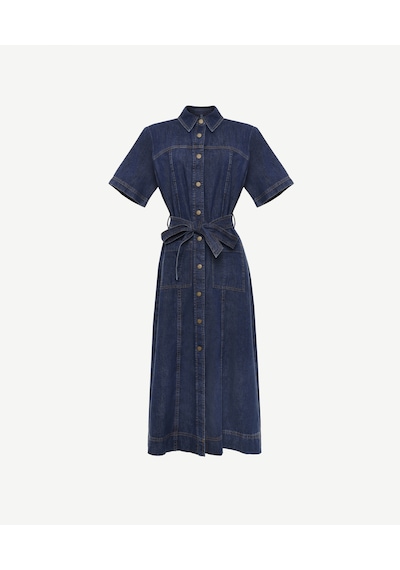 Yargıcı Kemerli Kısa Kollu Midi Boy Denim Elbise 25ykel7006x 515 Mavi