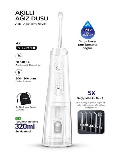 Ipx7 Ağız Duşu 320ml 5 Başlık 4 Mod 20-140 Psı Şarjlı Diş Temizleme Oral Irrigator Siyah