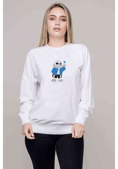 Undertale Sans Baskılı Beyaz Kadın Sweatshirt