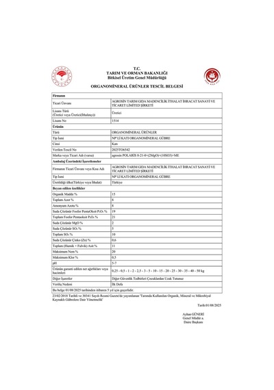 Agrosin Polaris 8.21.0+(2MgO)+(10SO3)+ME Organomineral Granül Gübre 25 kg