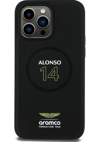 Apple Uyumlu iPhone 14 Pro Max Kılıf Aston Martin Lisanslı Magsafe Pu Deri Alonso 14 Baskılı Kapak Siyah