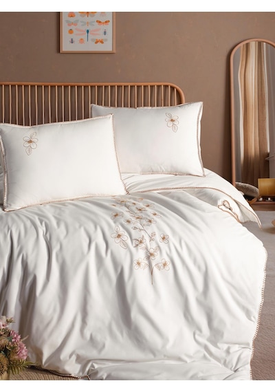 Uçkan Home %100 Pamuk Luxury Series Nakışlı Çift Kişilik Nevresim Seti---uh-00099 Ekru