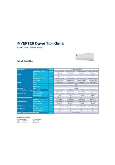 York Monterosa YHKF12YEEBMJO-X 12000 Btu R410A A++ Inverter Klima