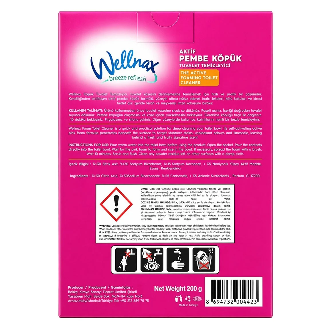 Wellnax Aktif Pembe Köpük Tuvalet Temizleyici 2x100 G
