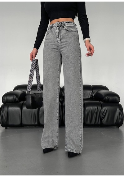 Wide-leg Geniş Paça Grey Snow Wash Denim Pantolon Gri