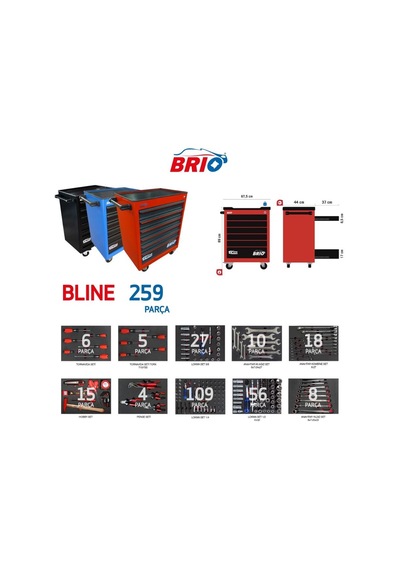 Brio Hareketli Takım Dolabı 6 Çekmece Bline 259 Parça Siyah Dolu