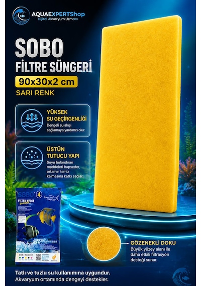 Sobo Akvaryum Filtre Süngeri 90x30x2 Cm - Üstün Temizlik Gücü Ve Yüksek Su Geçirgenliği - Sarı Renk