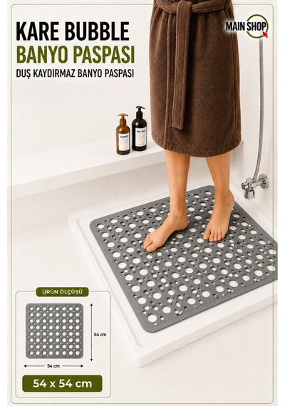 Mainshop Kaydırmaz Duşakabin Banyo Ve Duş Paspası Bubble Vantuzla Yapışır 54 X 54 Cm M-149 Gri