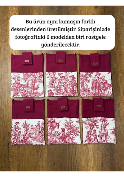 Aksesuarsepeti El Yapımı, Fransız Köylüsü Desenli, Cepli, Taşıma Askılı, Kılıf Çanta, Tablet Kılıfı, Kitap Kılıfı Bordo