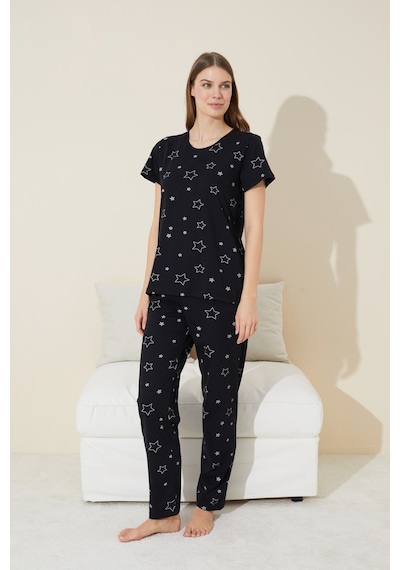 Siyah İnci Siyah Yıldız Desenli Kısa Kollu Pamuklu Pijama Takımı Siyah Yıldız Desen